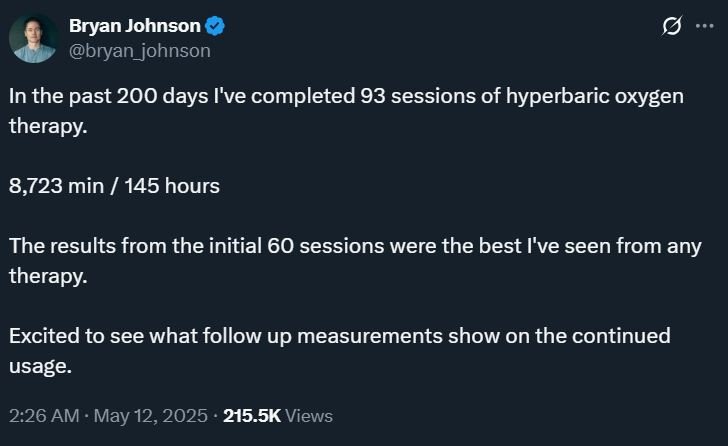 Bryan Johnson HBOT protocol