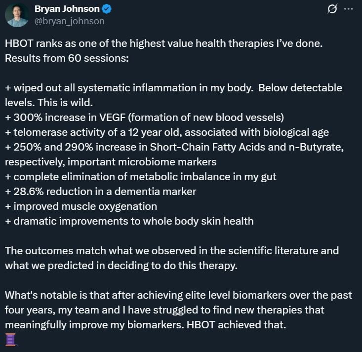 Bryan Johnson HBOT results summary